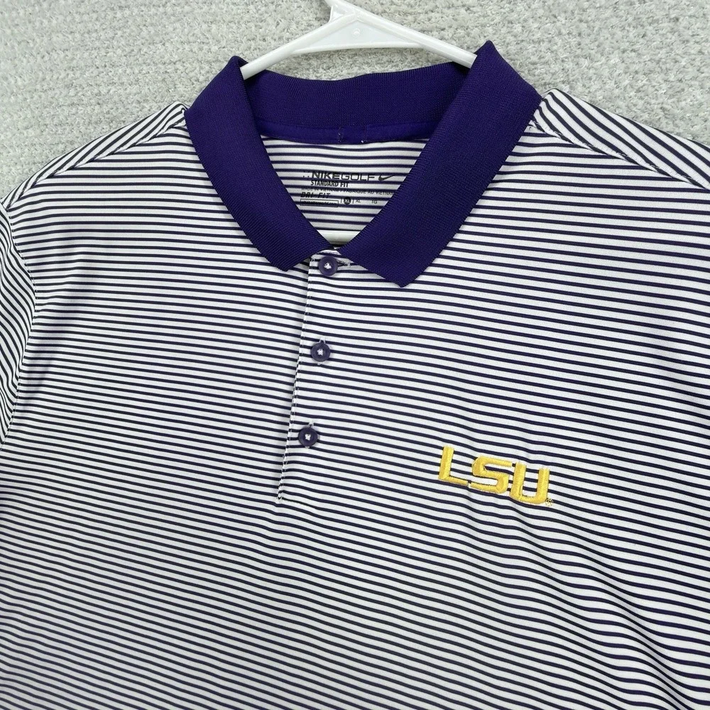 Nike Golf Dri-FIT LSU Tigers Striped Polo Shirt Men's XL Purple White NCAA - Picture 1 of 9